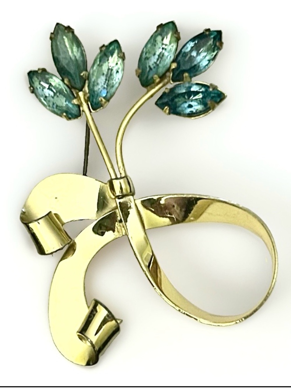 Coro Gold-Tone Ribbon Brooch with Teal Marquise Stones